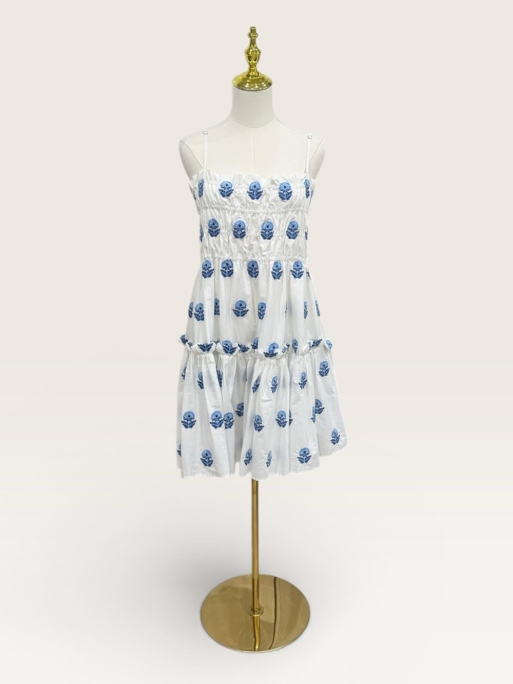 A Loves A White & Blue Floral Embroidered Smocked Minidress Cotton NWT